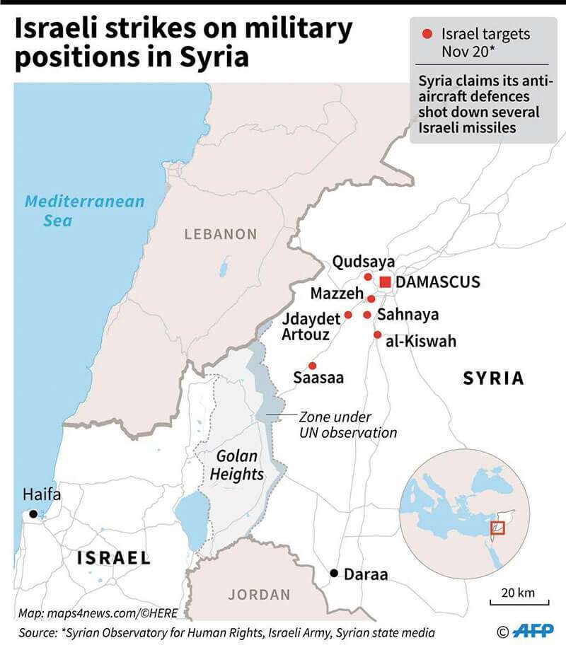 Mapa que muestra las zonas que fueron objeto de los ataques del Ejército israelí contra las fuerzas iraníes y los objetivos del Ejército sirio en Damasco y sus alrededores el 20 de noviembre, según el Observatorio Sirio de Derechos Humanos