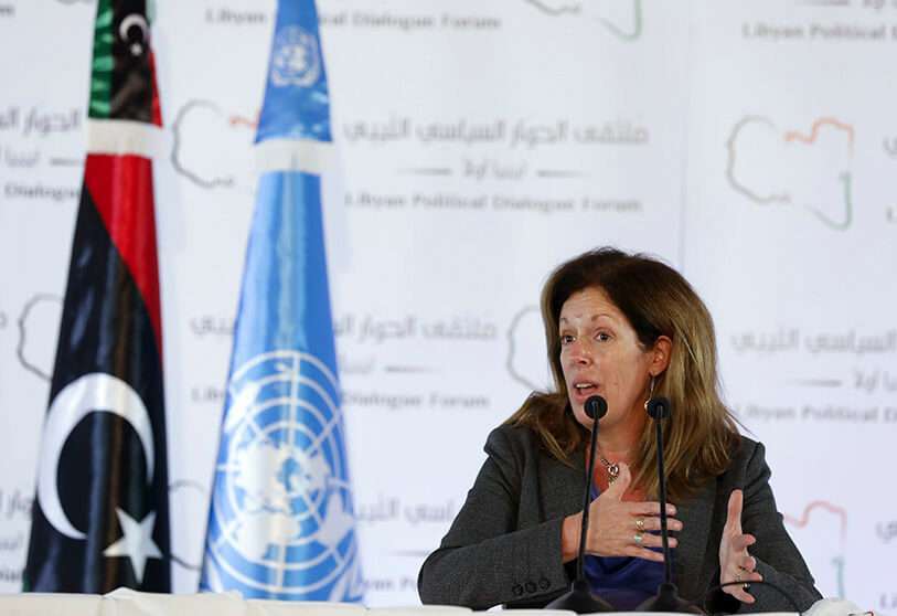 AP/WALID HADDAD - Stephanie Williams, Acting Special Representative of the Secretary-General and Head of the United Nations Support Mission speaks at a press conference in Tunis, Tunisia, on 6 September 2020.