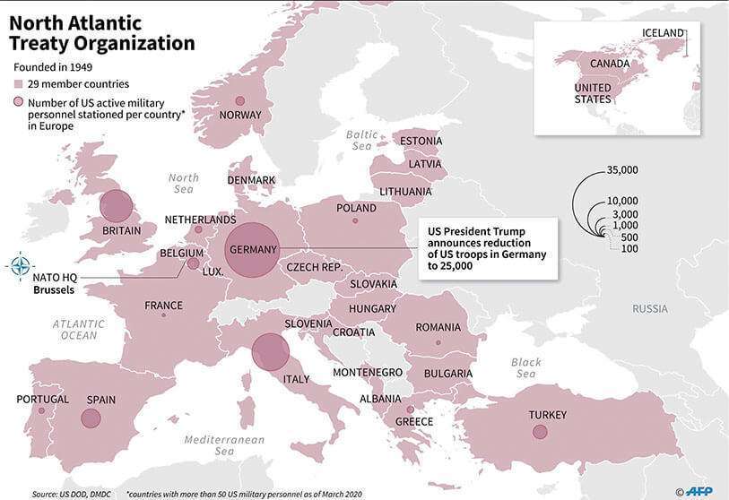 Mapa de los Estados miembros de la OTAN mostrando el número de tropas de EEUU estacionadas por país