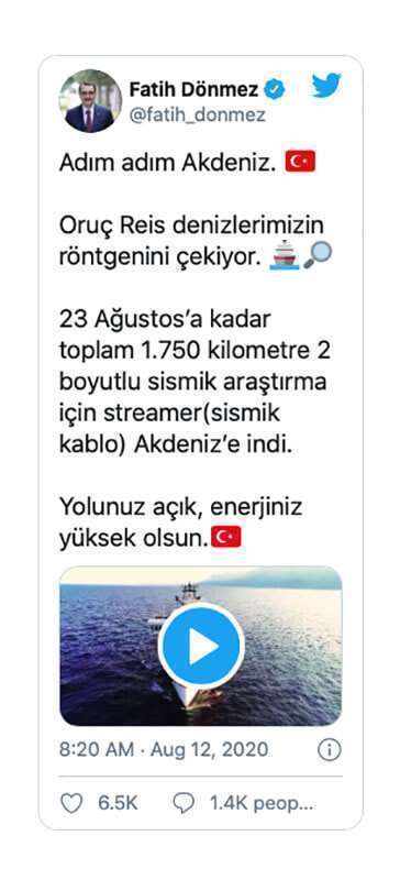 El ministro turco de Energía y Recursos Naturales, Fatih Donmez, anunció el inicio del buque de prospección sísmica "Oruç Reis" para trabajos de prospección sísmica en el Mediterráneo oriental