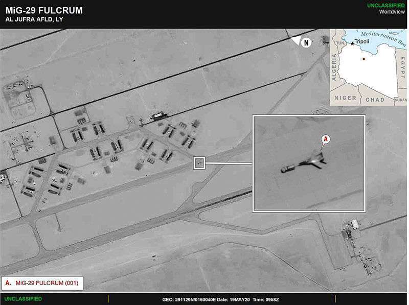A picture released by US AFRICOM, the US Africa Command on May 26, 2020, reportedly shows a Russian Mig-29 Fulcrum aircraft on Libyan soil
