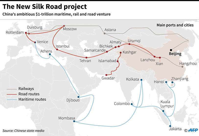 Mapa que muestra la Nueva Ruta de la Seda, un proyecto masivo de infraestructura china de rutas de carreteras, ferrocarriles y barcos