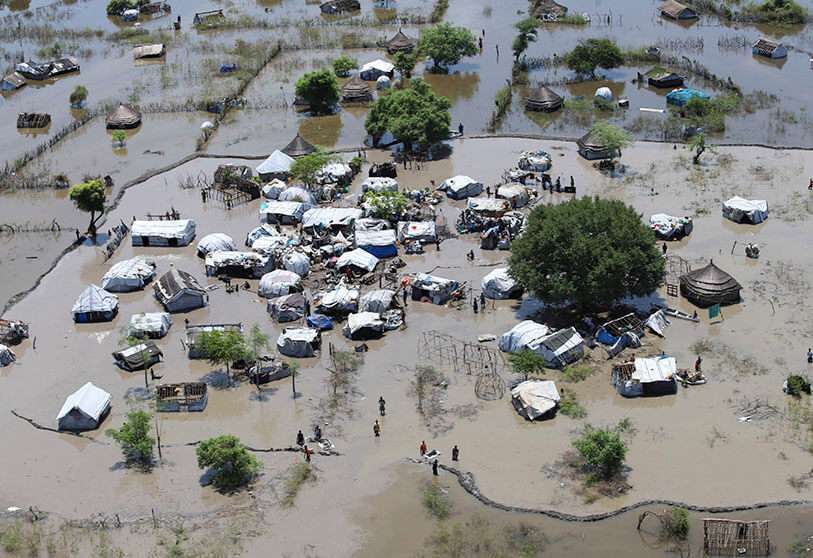 Una vista aérea tomada desde un helicóptero muestra inundaciones en Lukuangole, estado de Boma, en la región del Alto Nilo de Sudán en noviembre de 2019