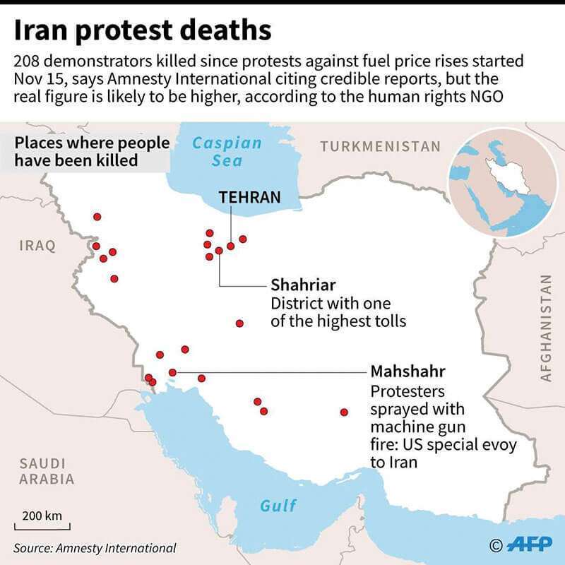 Mapa de Irán que localiza los lugares donde han sido asesinados los manifestantes