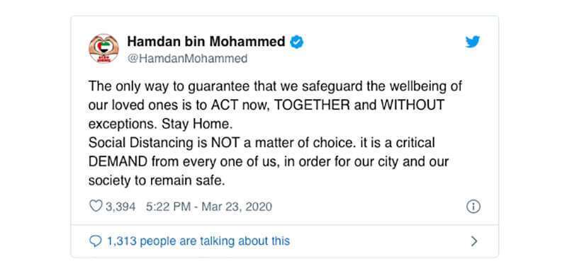 El jeque Hamdan bin Mohammed bin Rashid al-Maktoum, príncipe heredero de Dubái, escribió que lanzó un mensaje de ánimo a la población en Twitter