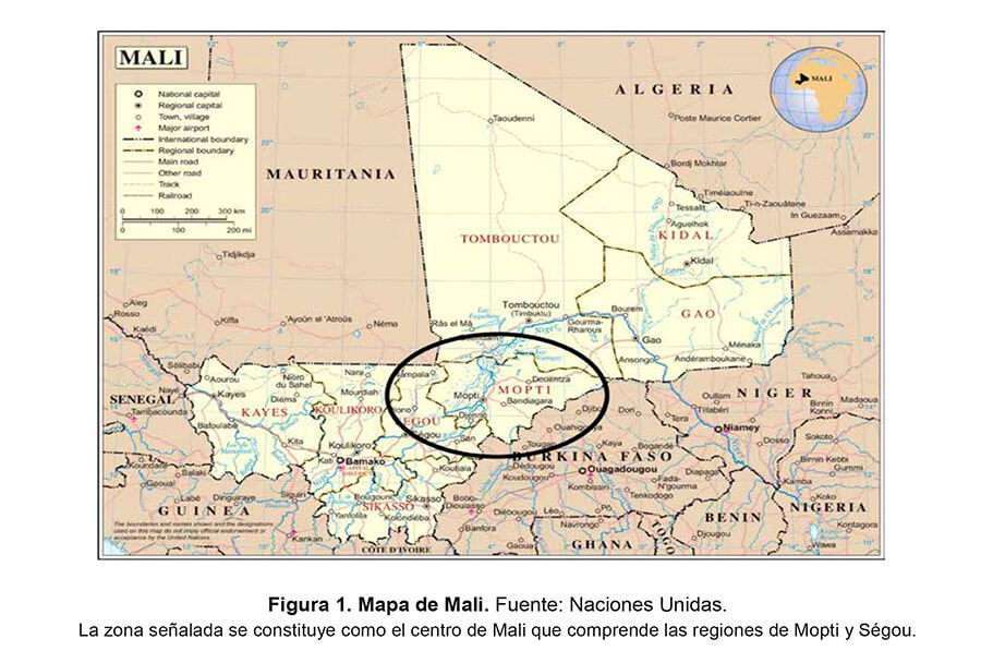 Figura 1. Mapa de Mali. Fuente: Naciones Unidas. La zona señalada se constituye como el centro de Mali que comprende las regiones de Mopti y Ségou.