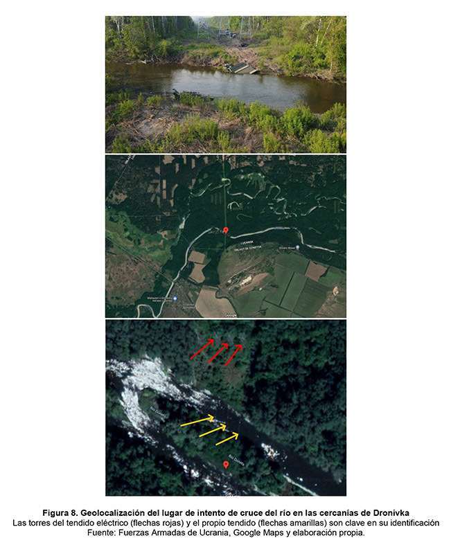 Figura 8. Geolocalización del lugar de intento de cruce del río en las cercanías de Dronivka Las torres del tendido eléctrico (flechas rojas) y el propio tendido (flechas amarillas) son clave en su identificación Fuente: Fuerzas Armadas de Ucrania, Google Maps y elaboración propia.