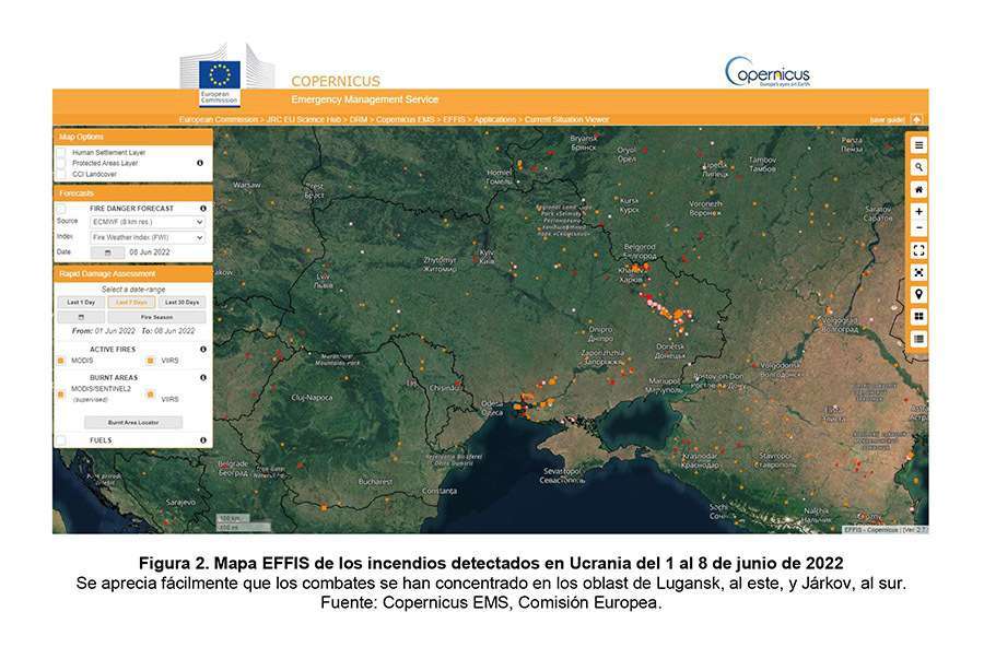 Figura 2. Mapa EFFIS de los incendios detectados en Ucrania del 1 al 8 de junio de 2022 Se aprecia fácilmente que los combates se han concentrado en los oblast de Lugansk, al este, y Járkov, al sur. Fuente: Copernicus EMS, Comisión Europea.