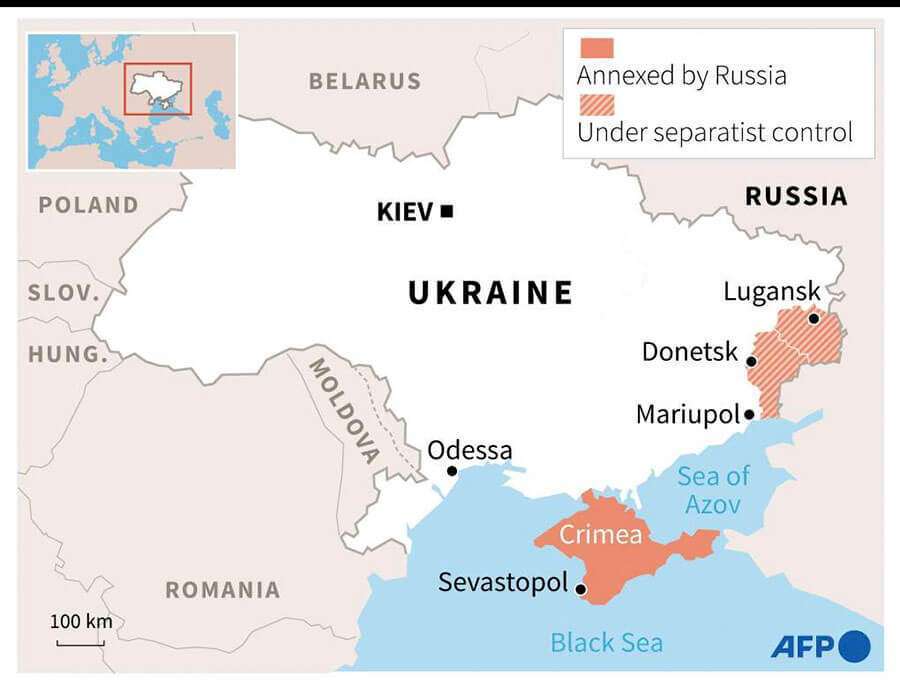 AFP/AFP - Mapa de Ucrania en el que se localizan las regiones bajo control separatista y Crimea, anexionada por Rusia.