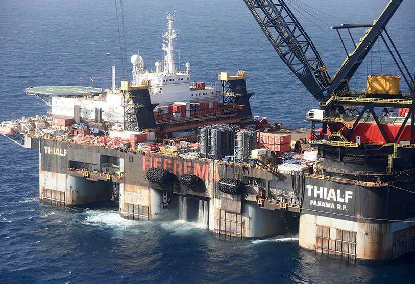 Vista aérea de la recién llegada plataforma de cimentación del campo de gas natural Leviatán en el Mar Mediterráneo, a unos 130 kilómetros (81 millas) al oeste de la costa de la ciudad israelí de Haifa.