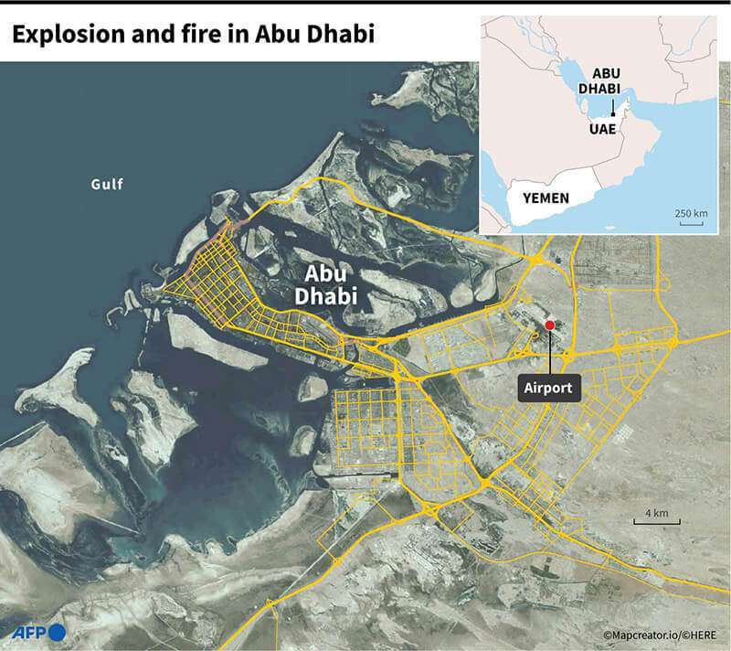 AFP/AFP - Mapa satelital que ubica a Abu Dabi, en los Emiratos Árabes Unidos, y su aeropuerto