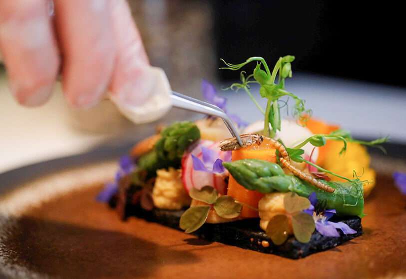 El chef francés Laurent Veyet pone un grillo en un plato en su restaurante Inoveat que sirve comida a base de insectos en París, Francia REUTERS/SARAH MEYSSONNIER