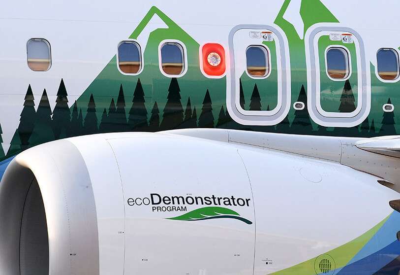 Un Boeing 737-A durante la presentación del programa ecoDemonstrator de Boeing en el Aeropuerto Nacional Reagan de Washington (DCA) en Arlington, Virginia, el 28 de julio de 2021