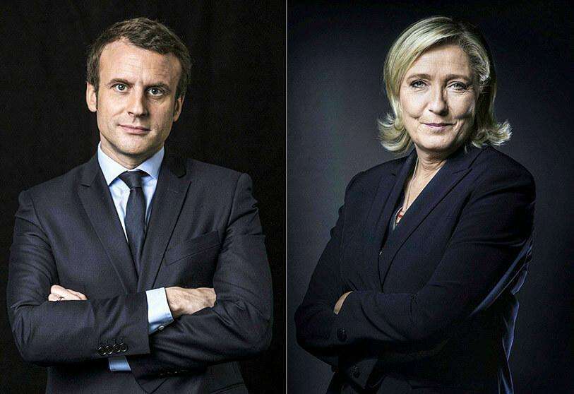 PHOTO/AFP - Combinación de imágenes del presidente Emmanuel Macron y Marine Le Pen del partido de extrema derecha Front National (FN)