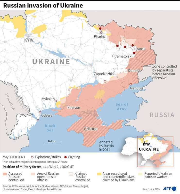 Gráfico que muestra el avance de las tropas rusas en Ucrania a partir del 2 de mayo, 0800 GMT AFP/AFP