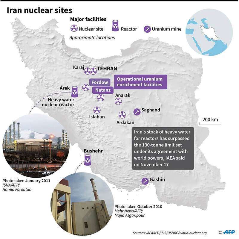 AFP - Mapa de Irán que muestra las principales instalaciones nucleares
