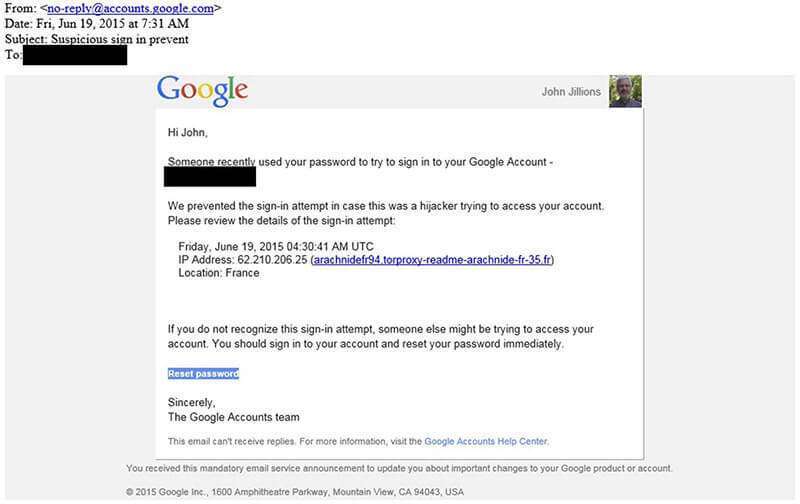 Esta imagen muestra una parte de un correo electrónico de phishing de junio de 2015 enviado a John Jillions, el canciller de la Iglesia Ortodoxa de América. Aunque está diseñado para parecer que proviene de Google, un examen del correo electrónico utilizando datos suministrados por la firma de ciberseguridad Secureworks muestra que fue enviado por el grupo de hackers acusados en julio de 2018 por Estados Unidos. PHOTO/AP