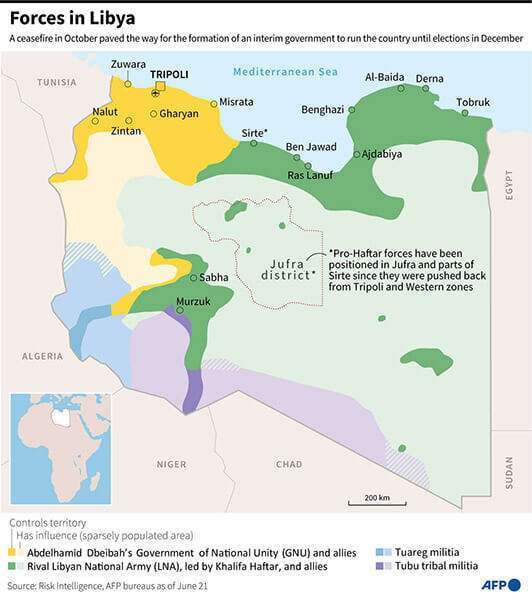 Mapa que muestra las zonas de control de las fuerzas en Libia AFP/AFP