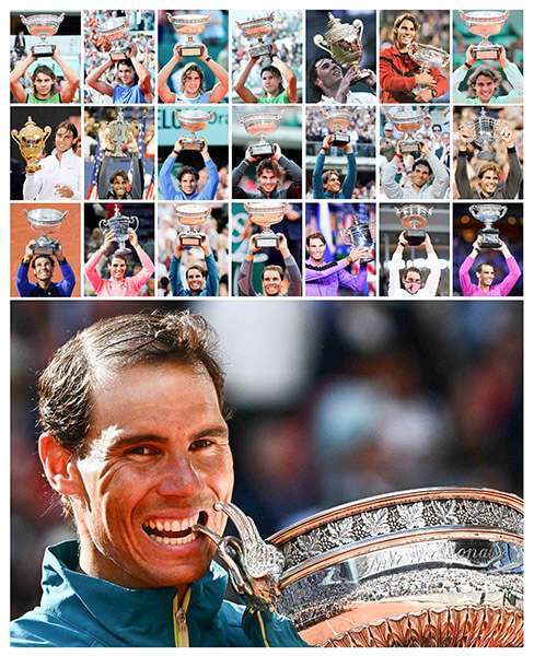 Combinación de imágenes de Rafael Nadal posando con los trofeos de sus 22 victorias de Grand Slam
