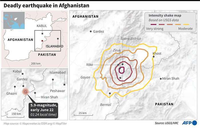 Mapa que muestra el impacto de la intensidad del terremoto de 5,9 grados en Afganistán que se produjo en la madrugada del 22 de junio AFP/AFP